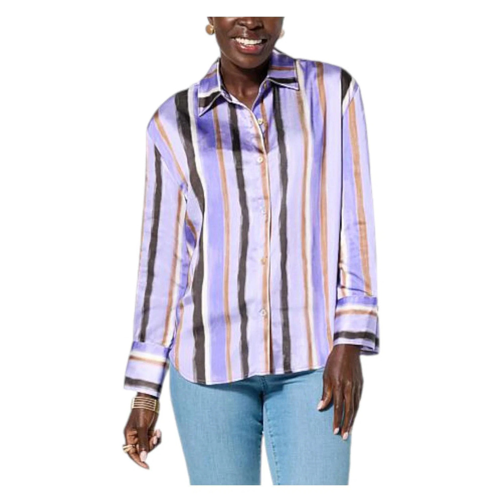 WynneLayers Women's Printed Satin Button-Down Shirt w/ Cuff Purple - Regular